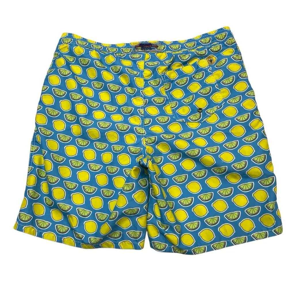 Beach Bros Swim Trunks Mens XL Blue Lemon &‎ Lime Print Bathing Suit Mesh Lined